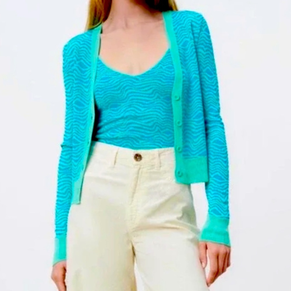 New Zara Blue Turquoise Waves Jacquard Zebra Print Knit Cropped Cardigan - Picture 3 of 13